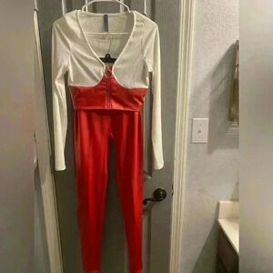 May Pink 2 piece set red & white zippered crop top with red elastic waist pants